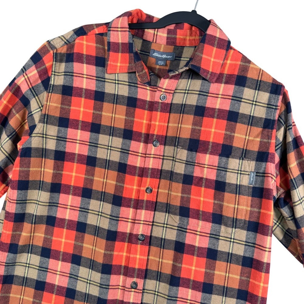 Eddie Bauer Mens M Plaid Flannel Shirt Orange Navy Tan‎ Long Sleeve Cotton
